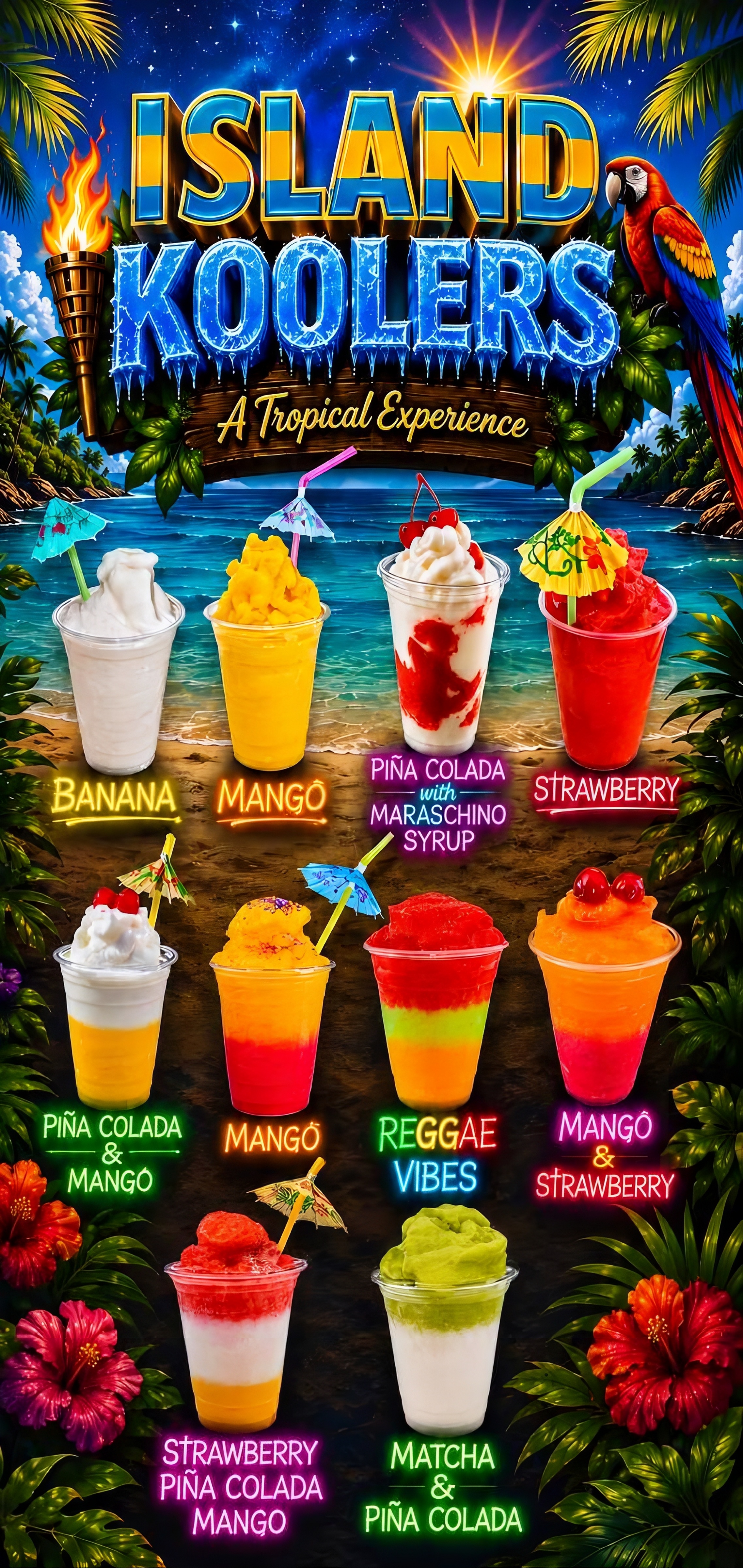 Island Koolers Tropical Menu featuring Banana, Mango, Piña Colada with Maraschino Syrup, Strawberry, Reggae Vibes, and Matcha flavor blends
